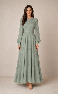 Sage Long Sleeve Tonal Lace Floor-length A-Line Dress
