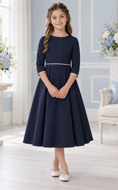 Simple Modest Dark Navy Tea-length Ivory Piped Three-quarter Sleeve Full Flower Girl Dress