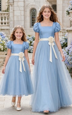 Matching Flower Girl Junior Bridesmaid Dress A-Line Sky Blue Tulle Puff Sleeve Sash