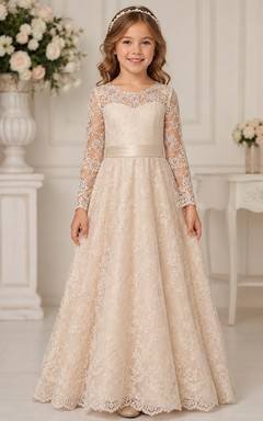 Champagne Long Sleeve A-Line Lace Flower Girl Dress