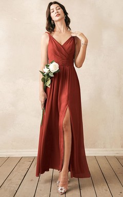 Romantic V-neck A Line Sleeveless Ankle-length Chiffon Bridesmaid Dress With Ruching
