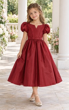 Tea-length Cranberry Notched Neck Puff Sleeve Taffeta Flower Girl Dress