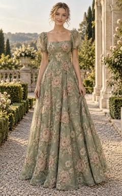 Vintage Sage Square Neck Puff Sleeve Floral Long Prom Dress