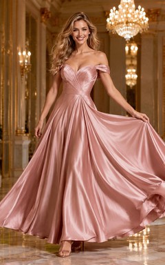 Glamuroso vestido de fiesta largo de satén rosa empolvado con escote Bardot.