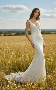 Floral Lace Mermaid Wedding Dress V-Neck Sleeveless Fitted Trumpet Bridal Gown with Train