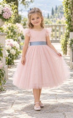 Robe de demoiselle d'honneur rose d'été, coupe trapèze, en tulle, manches papillon, ceinture bleue à pois, longueur thé