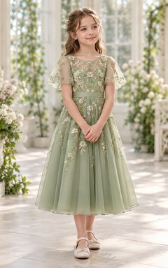 Sage Daisy Embroidered Sheer Flutter Sleeve Flower Girl Dress