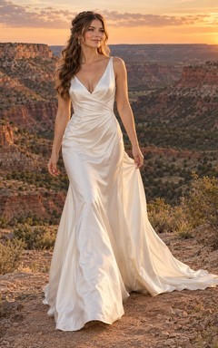 Vestido de novia sencillo de sirena con escote en V, sin mangas, drapeado, de charmeuse y cola corta.