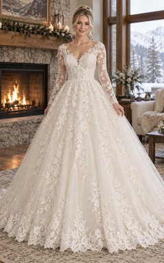 Vestido de novia de gala de encaje floral con escote en V festoneado y mangas largas