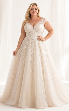 Champagnerfarbenes Brautkleid in Übergröße mit V-Ausschnitt, Spitze und A-Linien-Schnitt