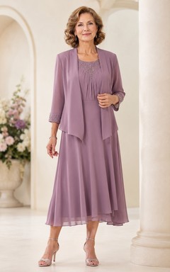 Vintage-Set aus mauvefarbenem Chiffon, elegantem Brautkleid für die Mutter älterer Bräute, mit dreiviertelärmeligem Rundhalsausschnitt, langer Jacke und A-Linien-Rock in Teelänge