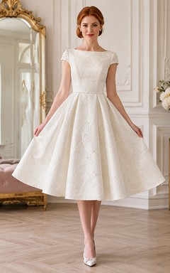 Vestido de novia modesto de satén jacquard de manga corta y cuello alto, estilo vintage, largo hasta la rodilla