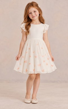 Modest Simple Ivory Knee-length Jewel Layered Flutter Sleeves Tiny Butterfly-Print Gathered Chiffon A-line Flowergirl Dress