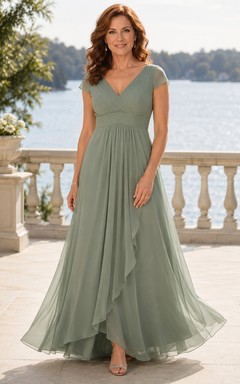 Sage V-Neck Chiffon A-Line Mother Dress with Side Ruffle
