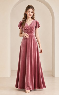 Vestido de dama de honor juvenil color burdeos, corte en A, escote en V, mangas de pétalo, terciopelo de lujo.