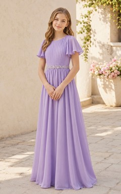 Lavendelfarbenes Brautjungfernkleid für junge Damen, A-Linie, Rundhalsausschnitt, kurze Ärmel, Chiffon, perlenbesetzte Taille, elegant