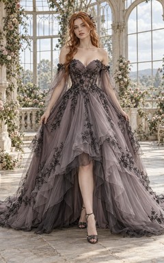 High-low Off Shoulder Grey Black Lace Tiered Tulle Wedding Dress