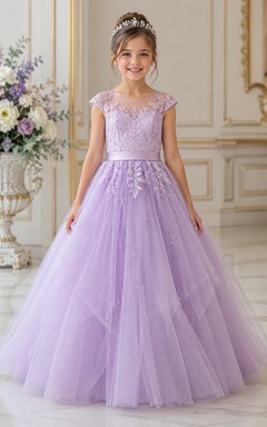 A-line Floor Length Cap Sleeve Tulle Lace Flower Girl Dress with Lavender V-neck lace bodice and flowing tulle