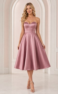 Vintage-Mauve-farbenes, trägerloses A-Linien-Cocktailkleid aus Satin in Teelänge