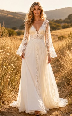 Brautkleid im A-Linien-Stil mit Glockenärmeln aus böhmischer Spitze und goldenem Wiesenmuster