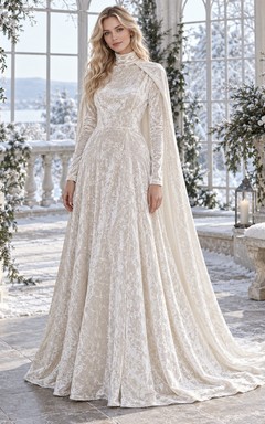 Vestido de novia tipo capa de corte A, modesto, de cuello alto y manga larga, de terciopelo con estampado floral.