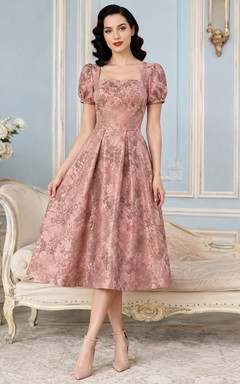 Dusty Rose Textured Square Neck Puff Sleeve A-Line Tea-Length Vintage Dress