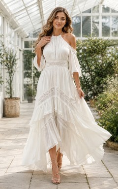 White Chiffon Halter Sleeveless Cascading Ruffle Bohemian Dress