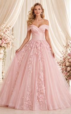 Vestido de princesa rosa ruborizado, escote Bardot, encaje floral, tul, cola larga, romántico, lujoso, para quinceañera