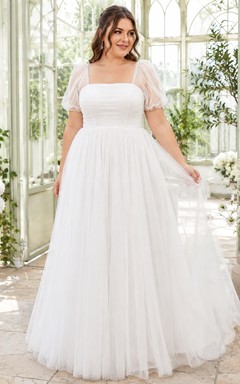 Romantic Plus Size Square Neck Puff Sleeve Tulle A Line Bridal Wedding Dress