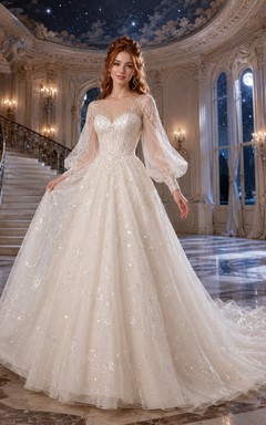 Puff Sleeve Celestial Tulle Ball Gown Bridal Dress