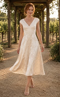 Robe de mariée vintage en dentelle et tulle, coupe trapèze, col rond, manches courtes, longueur thé.