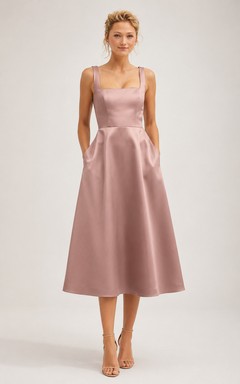 Robe cocktail en satin rose poudré, coupe carrée, bretelles, longueur thé, avec poches