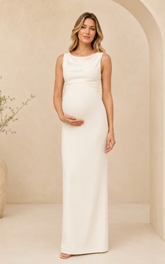 Minimal Maternity Bateau Neck Sleeveless Satin Sheath Floor-Length Wedding Dress