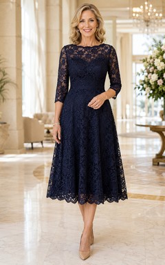 Robe de mère en dentelle bleu marine foncé, longueur thé, manches longues
