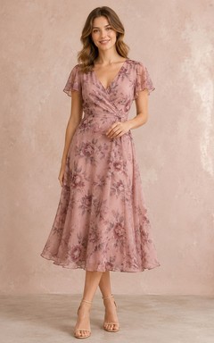 Altrosa geblümtes Chiffon-Gästekleid mit V-Ausschnitt, kurzen Ärmeln und A-Linien-Schnitt, wadenlang