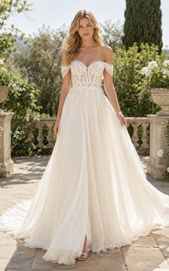 Tüll-Hochzeitskleid, A-Linie, V-Ausschnitt, ärmellos, Kapellenschleppe
