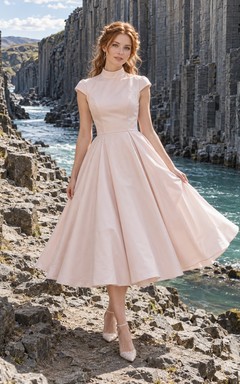 Tea Length Blush High Neck Cap Sleeve Taffeta Wedding Dress with Full Skirt