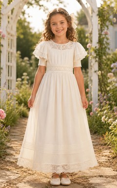 Vestido de comunión de corte A con escote cuadrado y mangas escalonadas estilo pradera