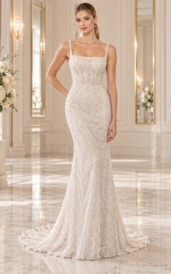 Simple Square Neck Straps Fine Lace Fitted Sheath Wedding Dress