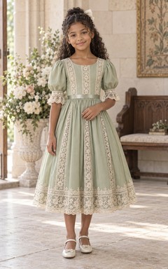 Tea-length Vintage Sage A-Line Lace Puff-Sleeve Inset-Panels Lace-Cuffs Flowergirl Dress