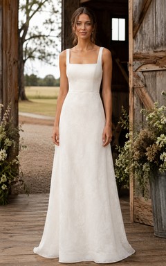 Simple Square Neck Sheath Country Wedding Dress with Lace Straps and Soft Train