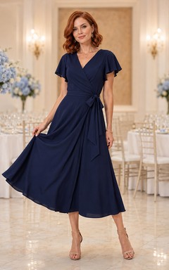 Navy Flutter Sleeve Wrap Tea Length Family Celebration Dress