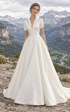 Vestido de novia sencillo de tafetán con escote en V y corte en A, manga corta