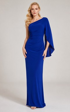 Royal Blue Jersey One-shoulder Long Sleeve Sheath Floor-length Bell Cape Modern Gown