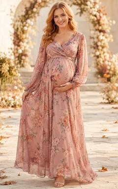 Dusty Rose V Neck Long Sleeve Floral Chiffon Floor Maternity Guest Gown
