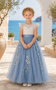 Elegant Romantic Flower Girl Dress Jewel Neck Cap Sleeve Slate Blue Tulle Floor Length Floral Embroidery