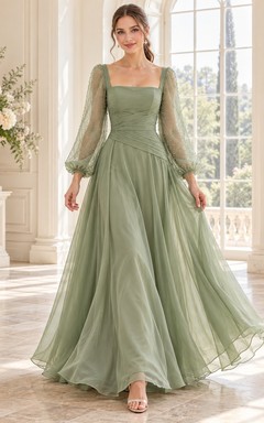 Long Sleeve Square Neck Sage Dotted Organza Evening Dress