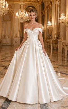 Vestido de novia de satén y tul, estilo princesa, con hombros descubiertos, cola larga y escote en V bajo.
