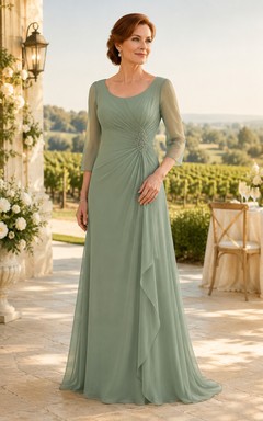 MOB-Kleid aus salbeifarbenem Chiffon, A-Linie, 3/4-Ärmel, Rundhalsausschnitt, bodenlang, Rüschenbesatz