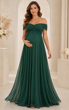 Vestido de maternidad romántico de gasa verde oscuro estilo imperio, largo hasta el suelo, con hombros descubiertos y manga corta, de la marca Forest Embrace.